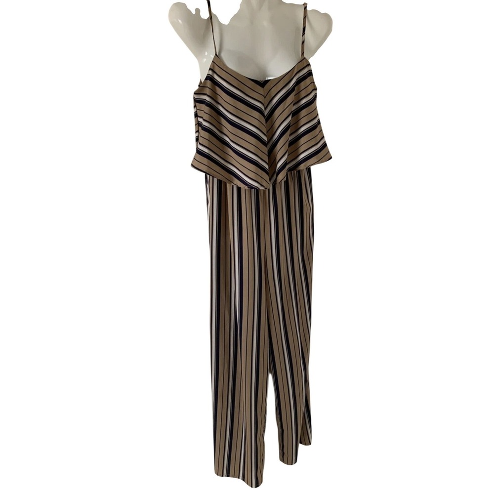 Atmosphere Jumpsuit 14 Navy Tan  Chevron Striped Ruffle Popover Wide Leg Boho‎